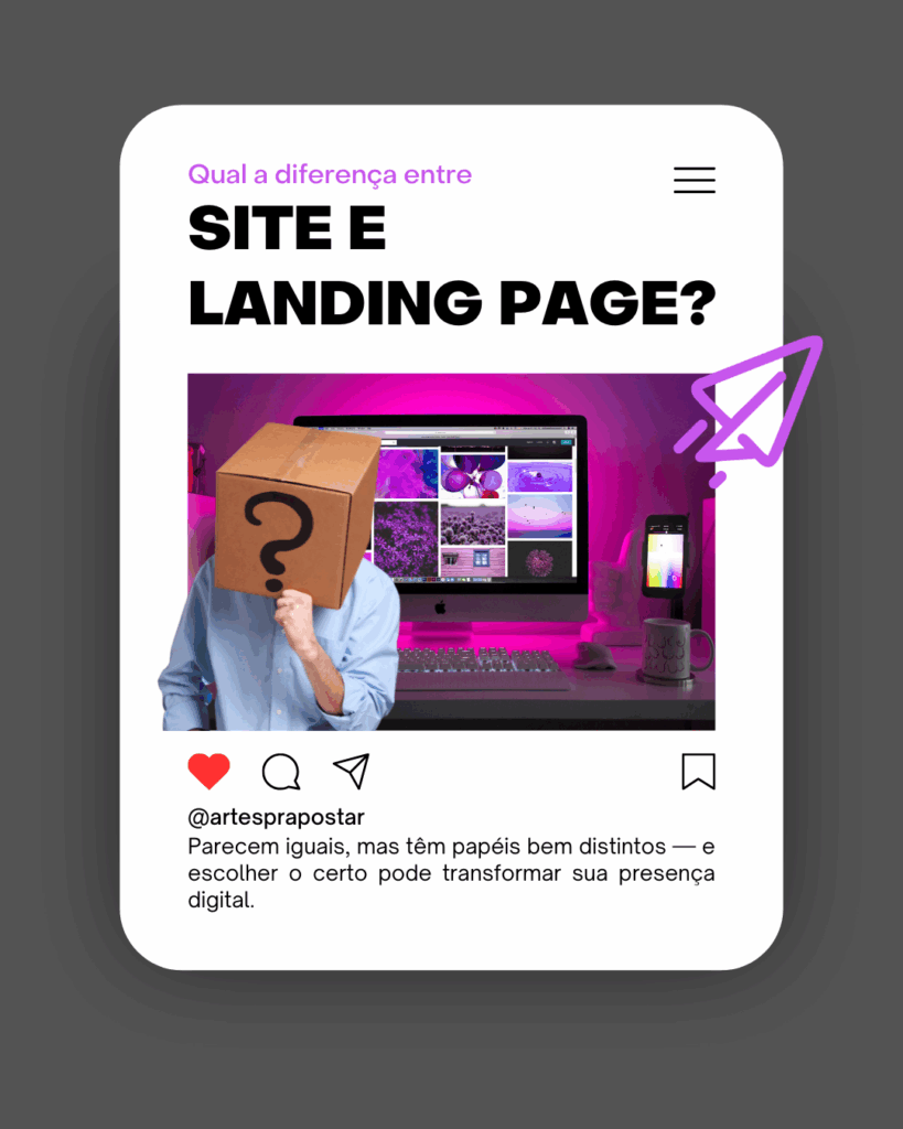Infográfico explicando a diferença entre site e landing page para pequenas empresas.﻿